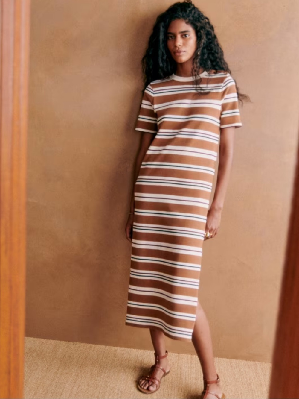 Sézane Emy Dress Straight Midi Size XL Brown Cream Purple Black Stripes